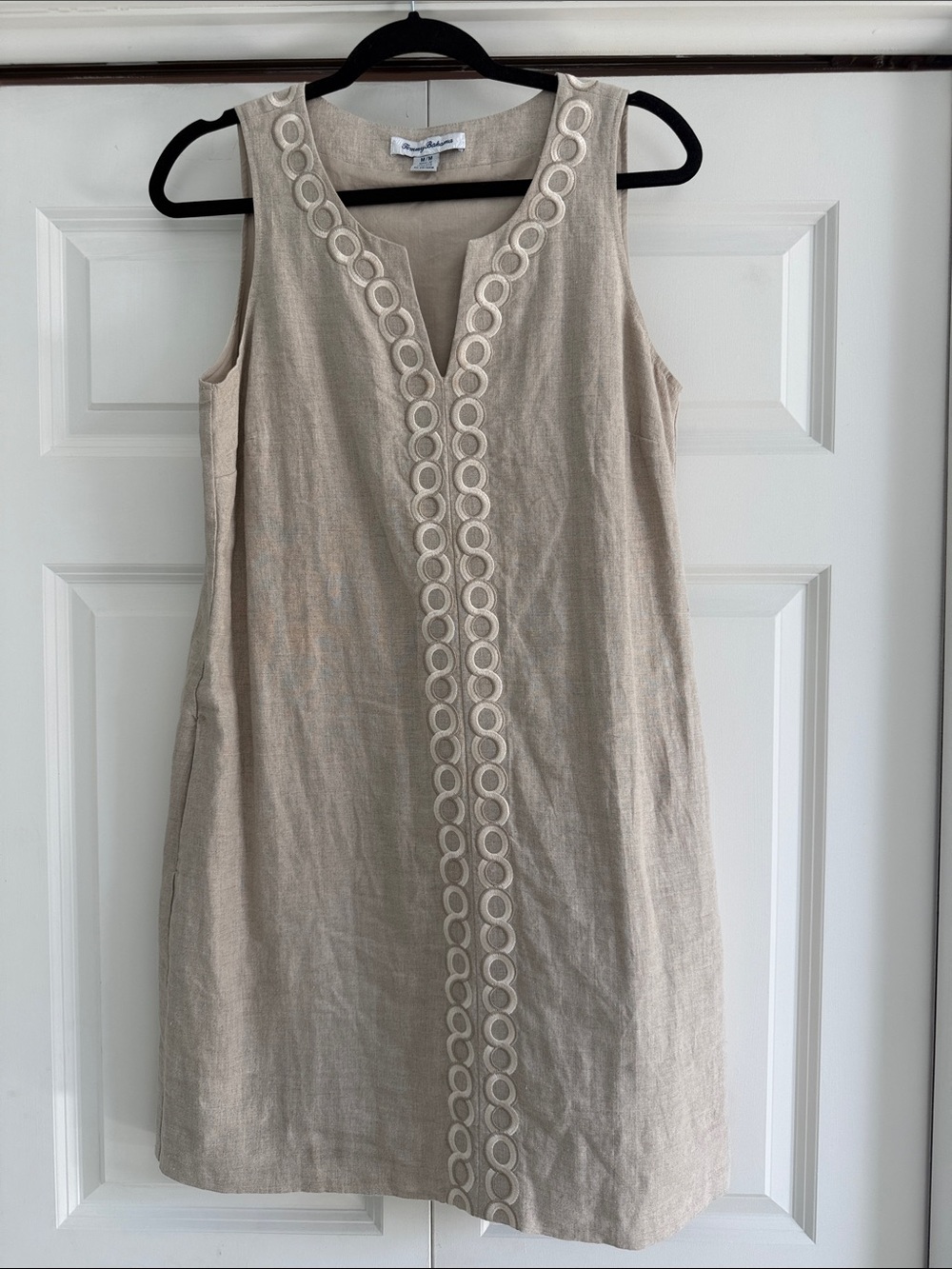 Tommy Bahama Beige Linen Sleeveless Shift Dress with Circular Embroidery